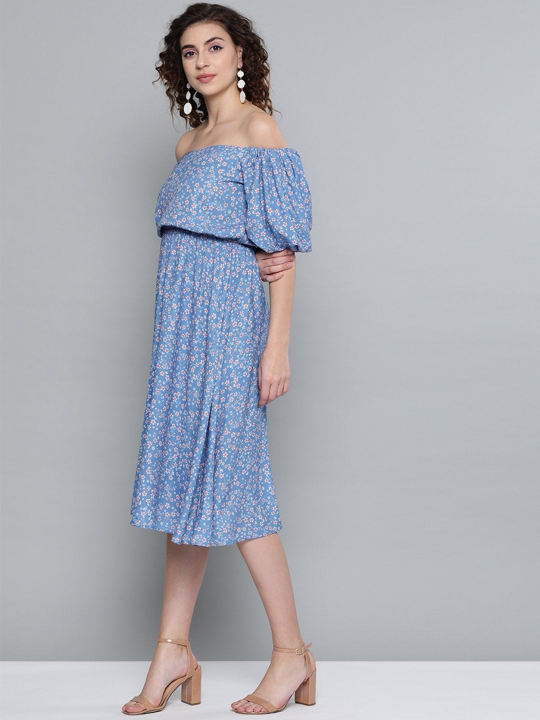 Women's Blue Ditsy Floral Off Shoulder Midi Dress - SASSAFRAS