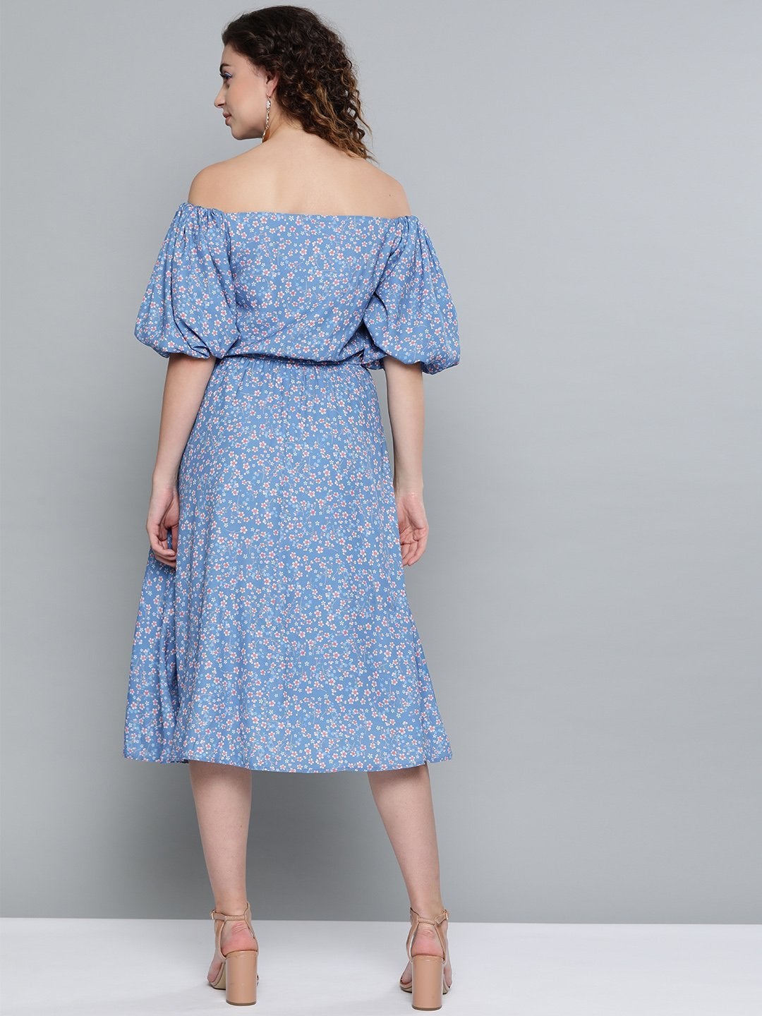 Women's Blue Ditsy Floral Off Shoulder Midi Dress - SASSAFRAS