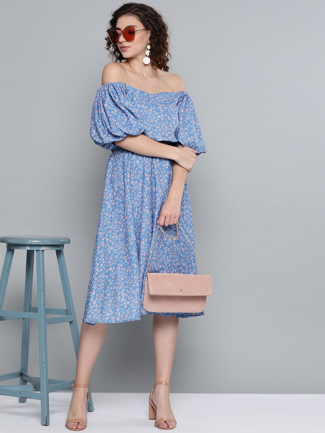 Women's Blue Ditsy Floral Off Shoulder Midi Dress - SASSAFRAS