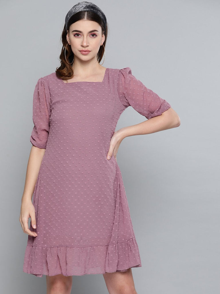 Women's Purple Dobby Frill Hem Short Dress