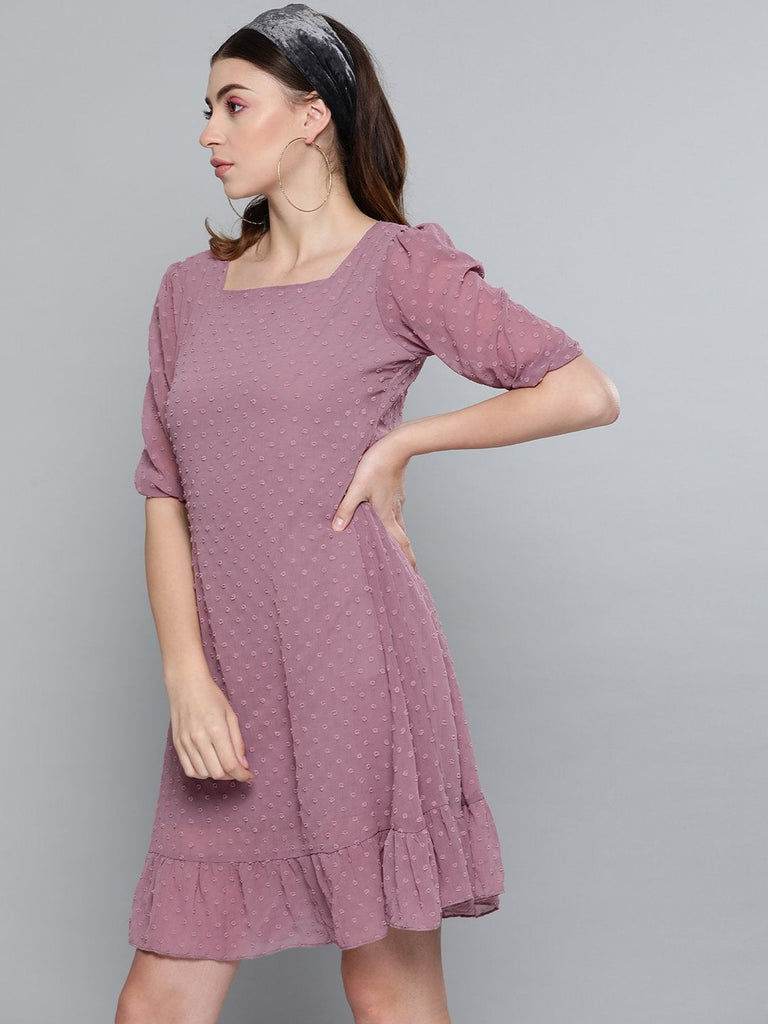 Women's Purple Dobby Frill Hem Short Dress