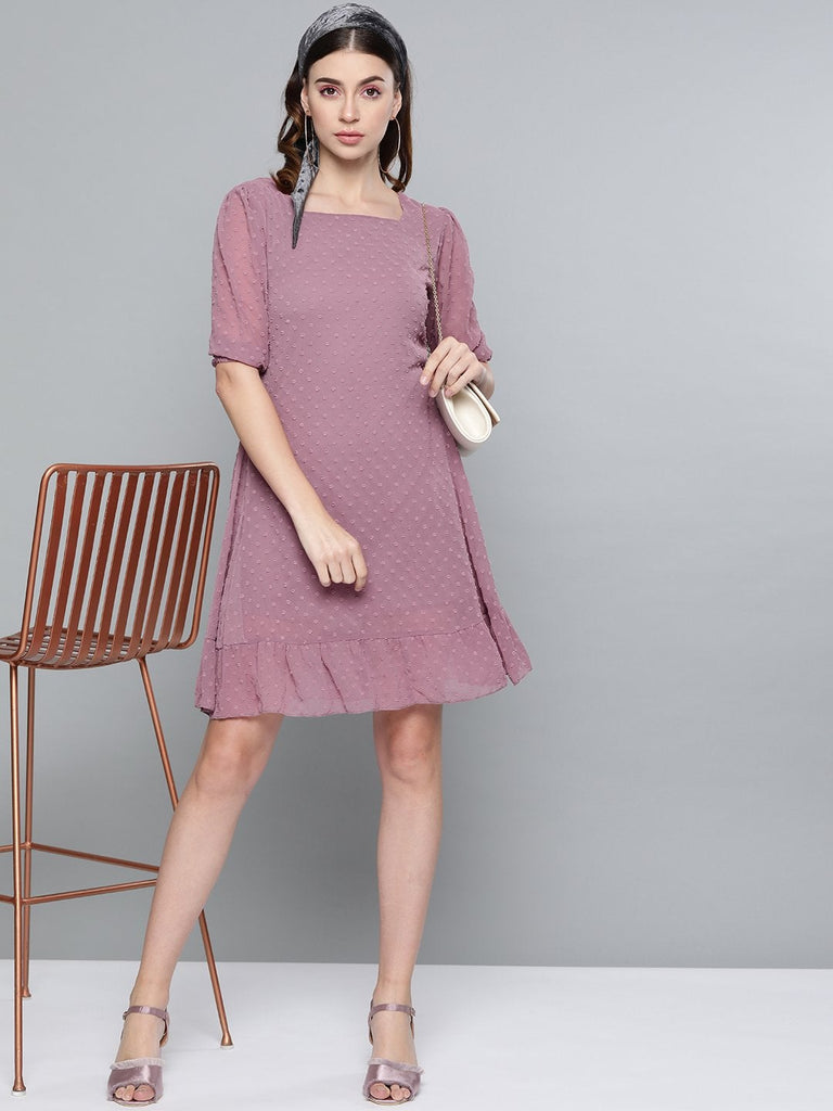 Women's Purple Dobby Frill Hem Short Dress