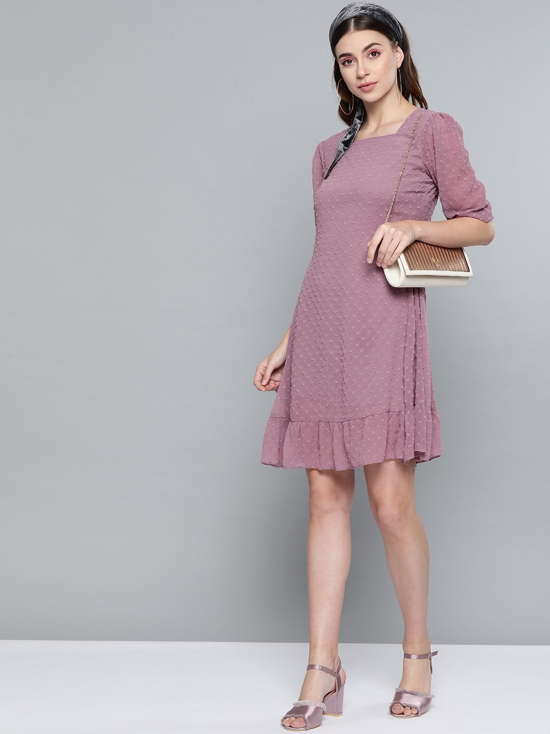 Women's Purple Dobby Frill Hem Short Dress - SASSAFRAS