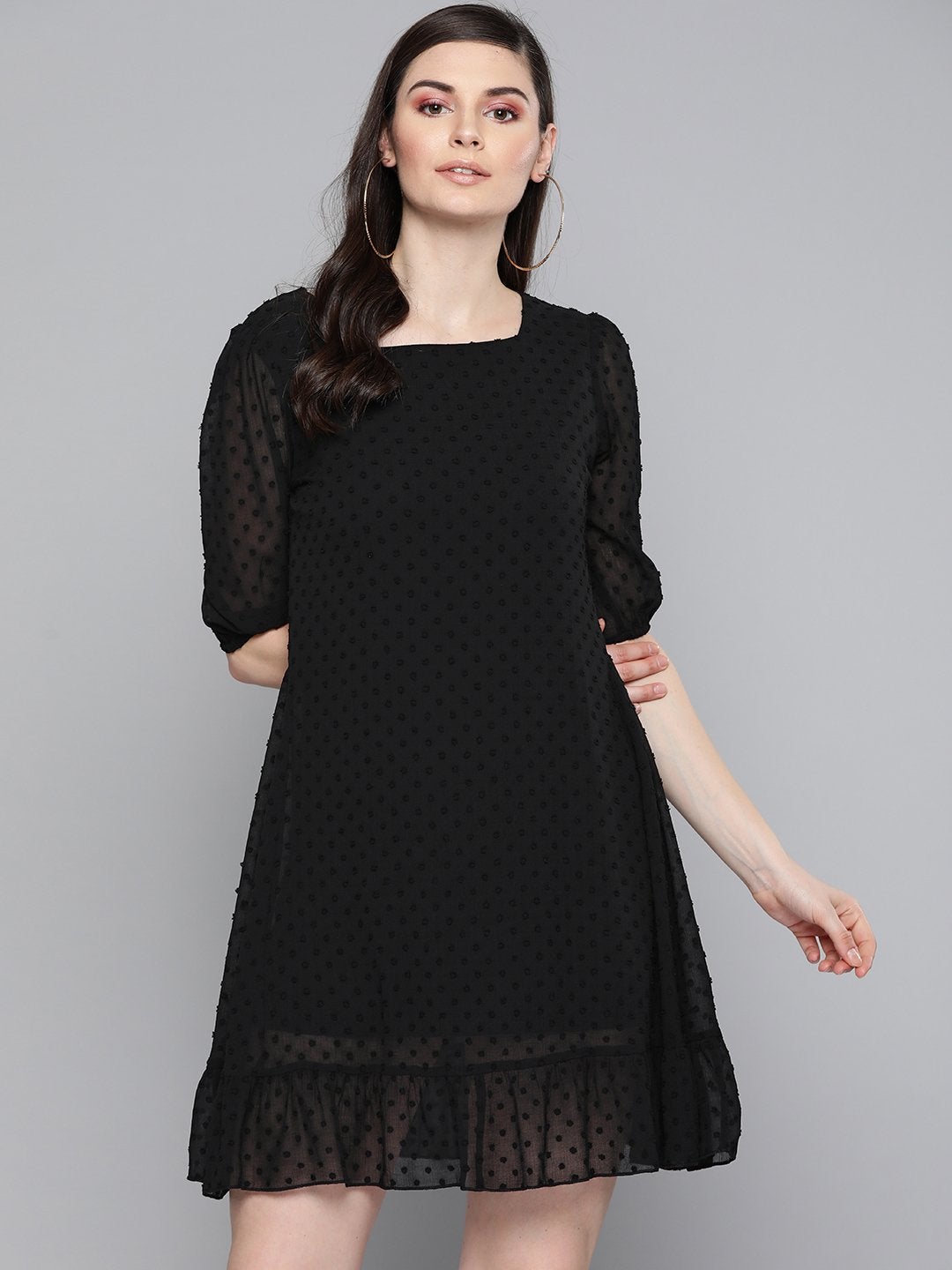 Women's Black Dobby Frill Hem Short Dress - SASSAFRAS