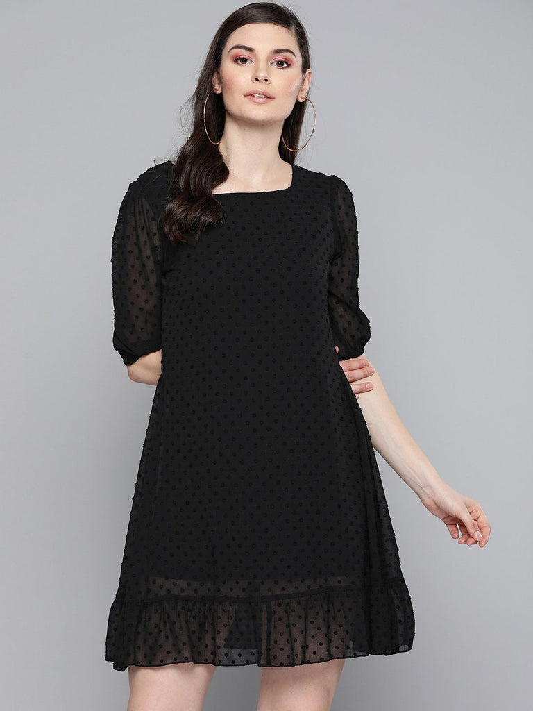 Women's Black Dobby Frill Hem Short Dress