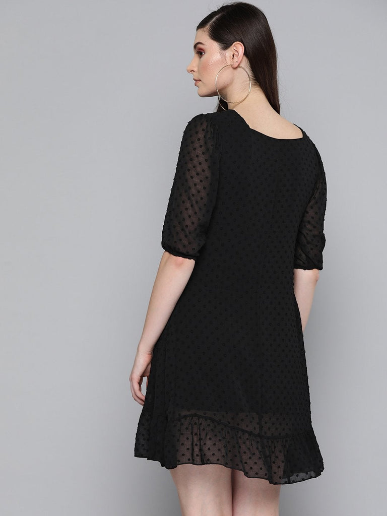 Women's Black Dobby Frill Hem Short Dress