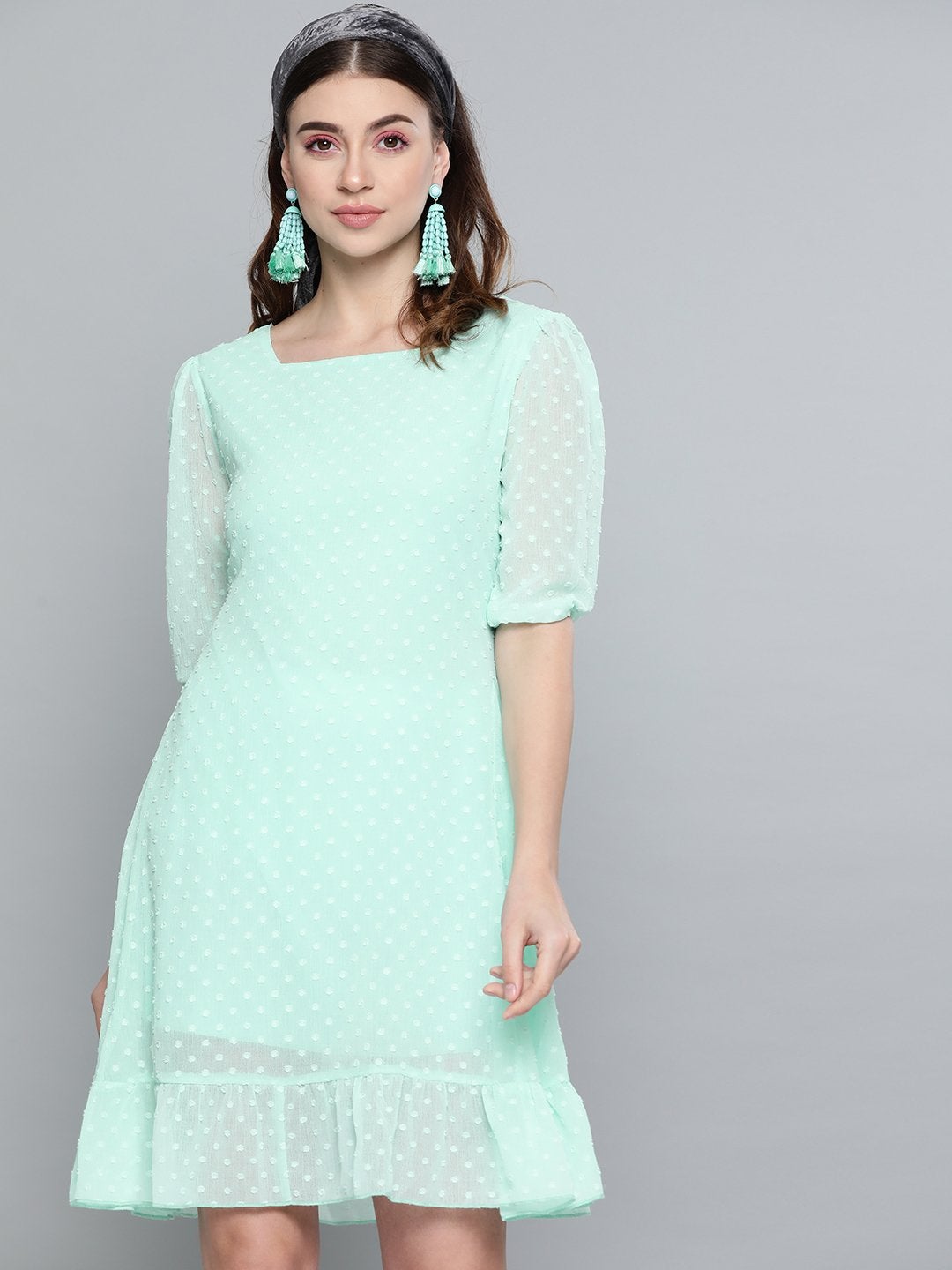 Women's Mint Green Dobby Frill Hem Short Dress - SASSAFRAS