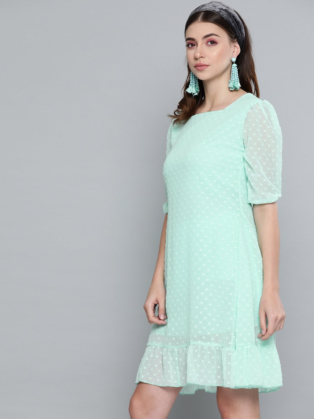 Women's Mint Green Dobby Frill Hem Short Dress - SASSAFRAS