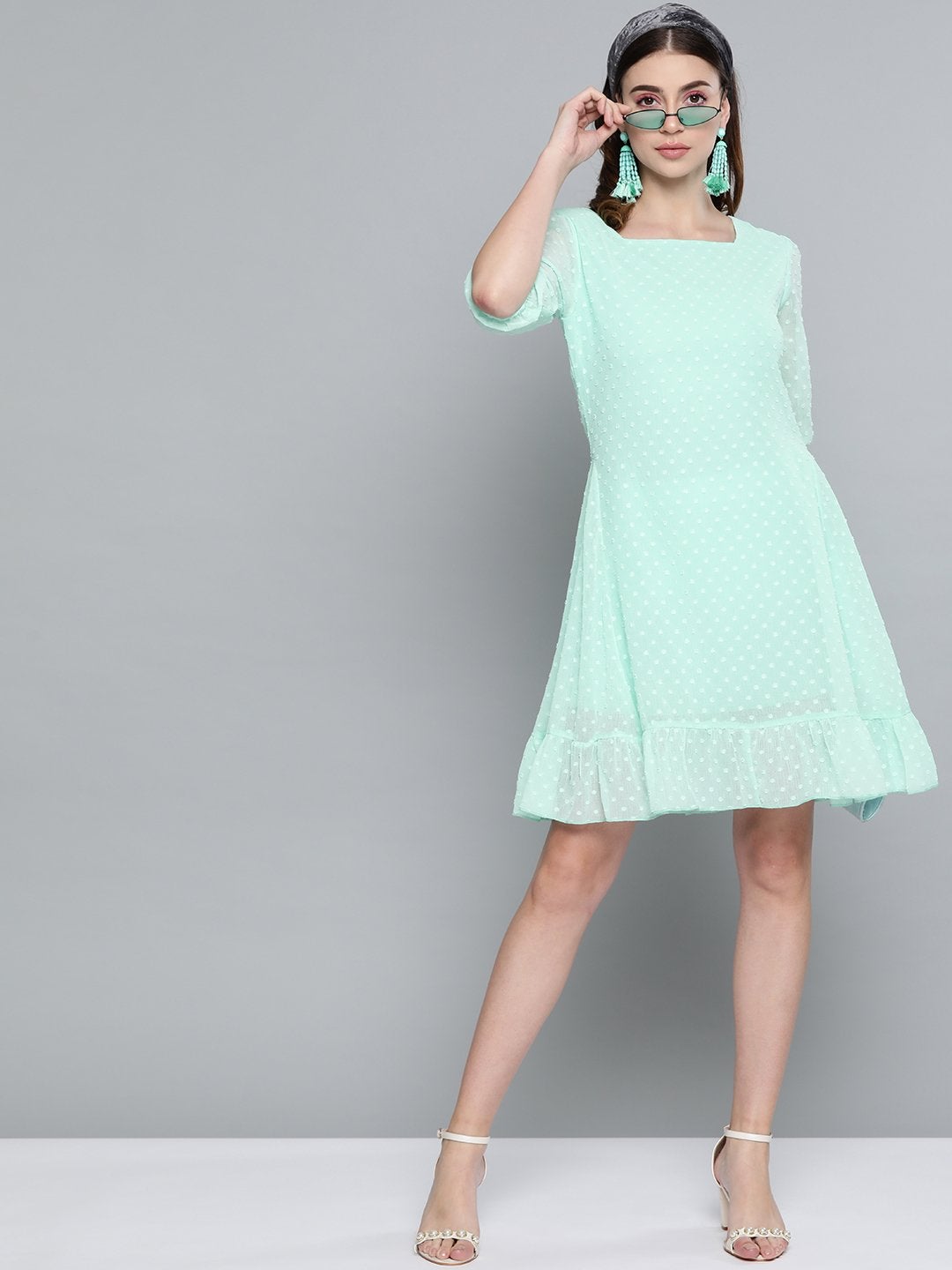 Women's Mint Green Dobby Frill Hem Short Dress - SASSAFRAS