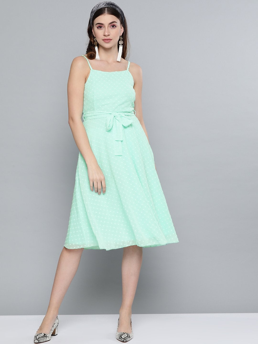 Women's Mint Green Dobby Strappy Belted Midi Dress