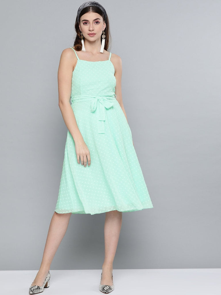 Women's Mint Green Dobby Strappy Belted Midi Dress