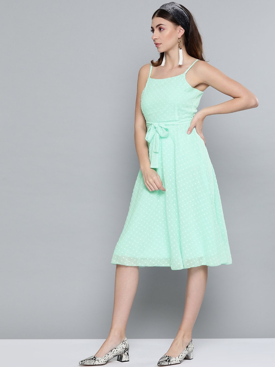 Women's Mint Green Dobby Strappy Belted Midi Dress
