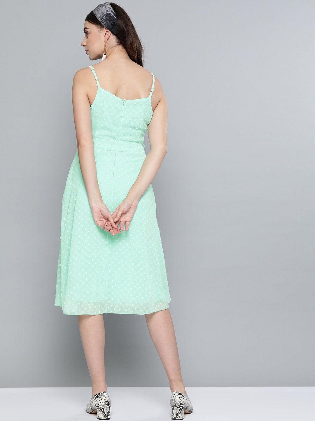 Women's Mint Green Dobby Strappy Belted Midi Dress - SASSAFRAS