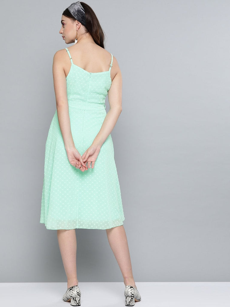 Women's Mint Green Dobby Strappy Belted Midi Dress