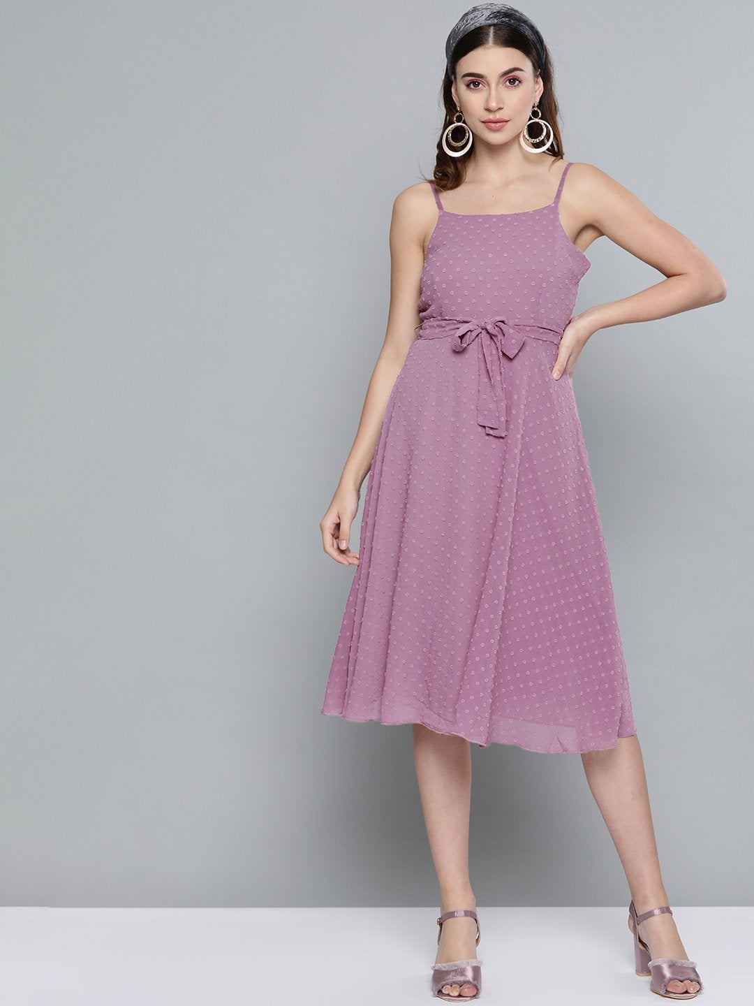 Women's Purple Dobby Strappy Belted Midi Dress - SASSAFRAS