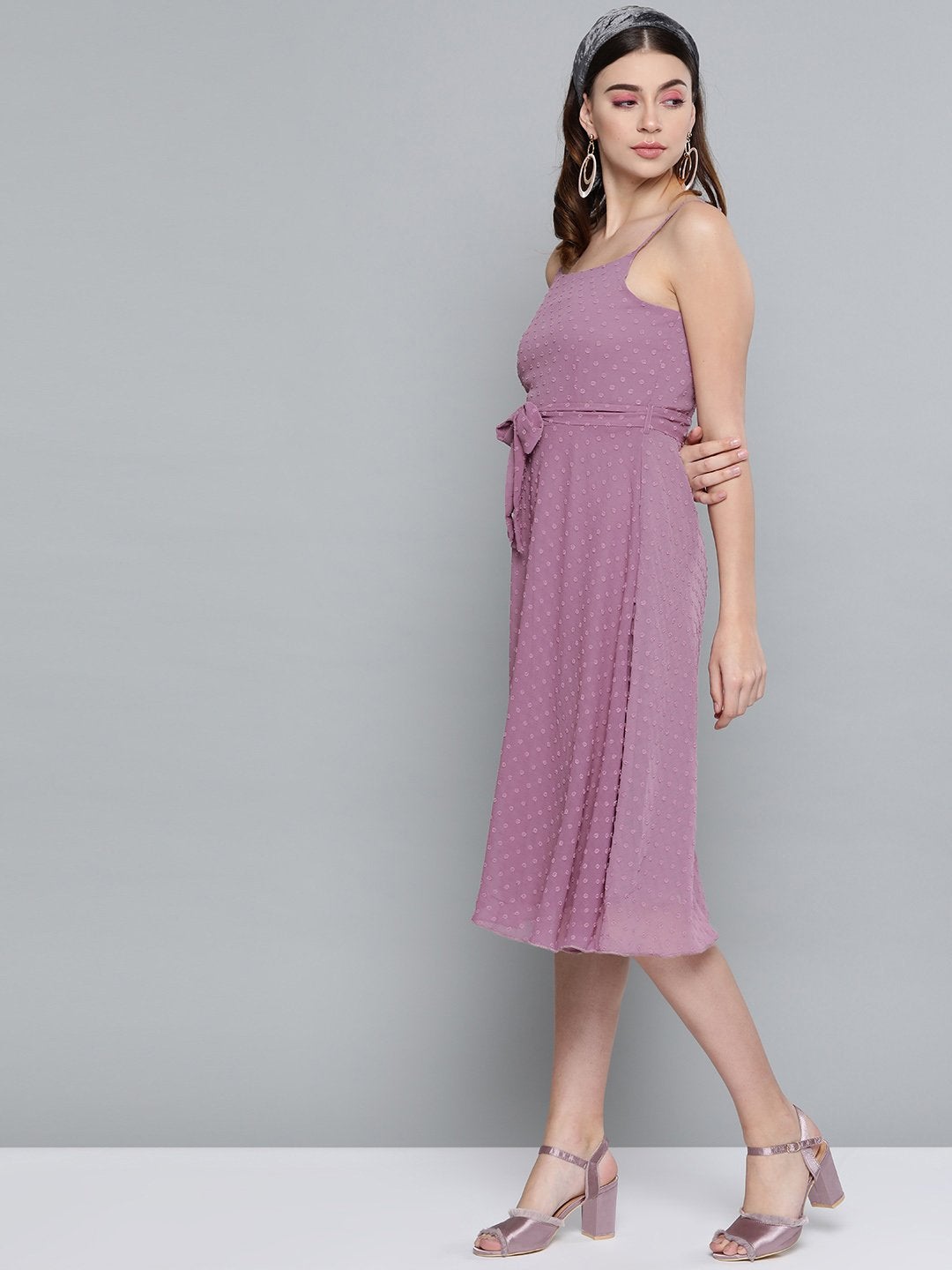 Women's Purple Dobby Strappy Belted Midi Dress - SASSAFRAS