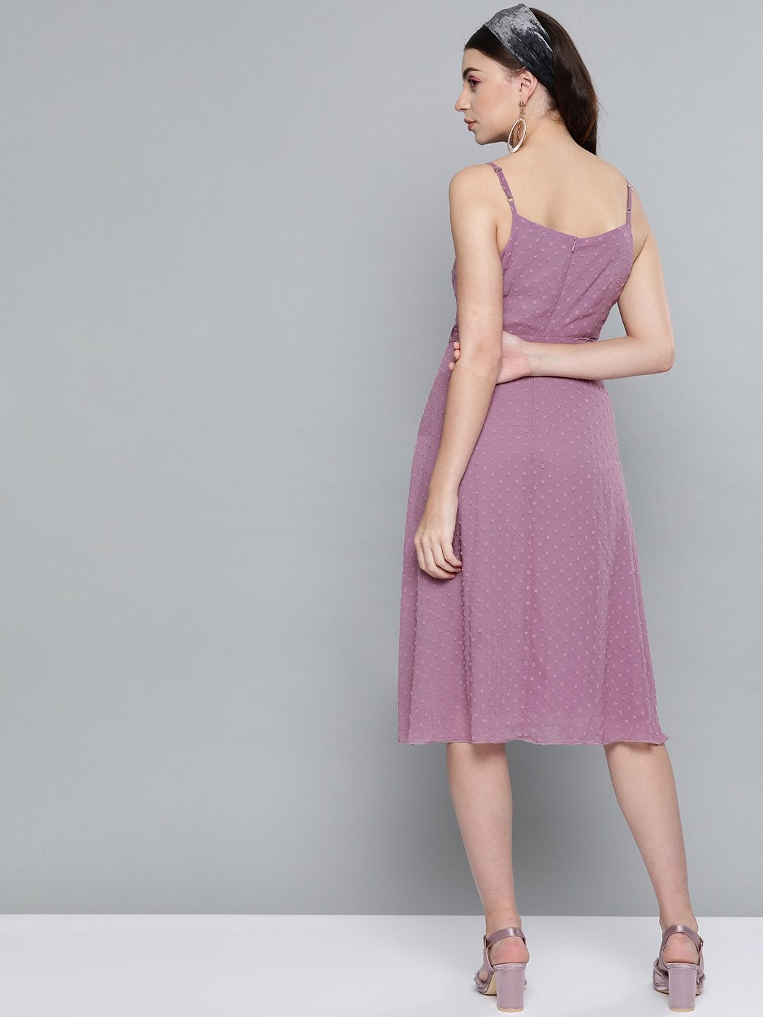 Women's Purple Dobby Strappy Belted Midi Dress - SASSAFRAS