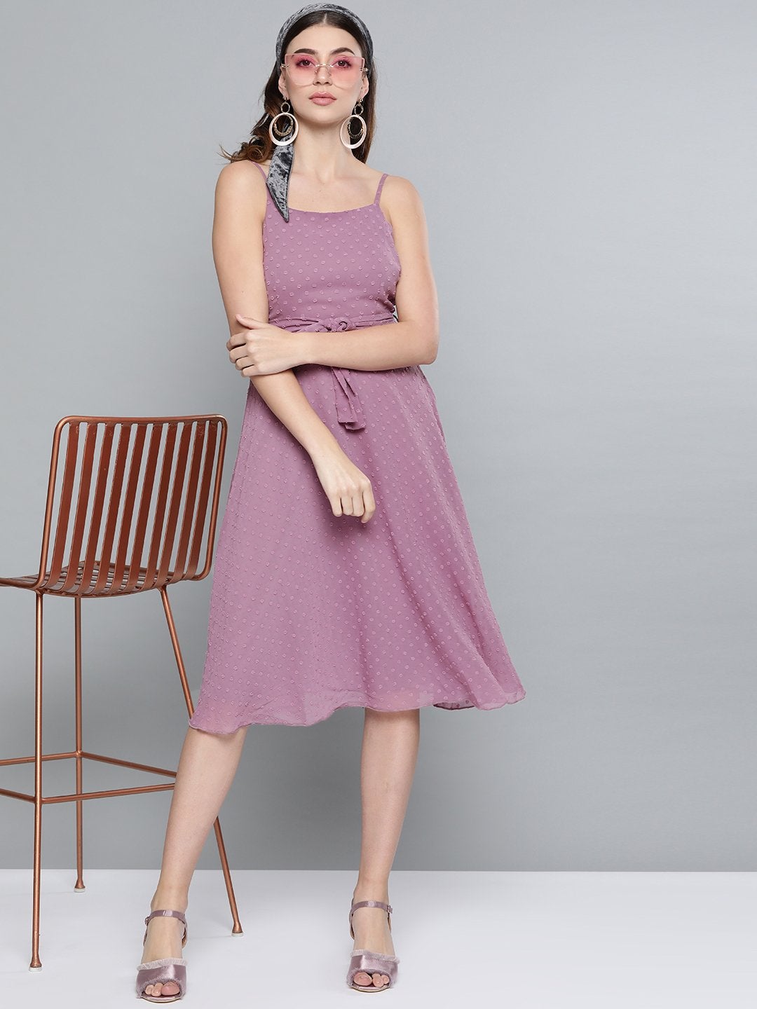 Women's Purple Dobby Strappy Belted Midi Dress - SASSAFRAS