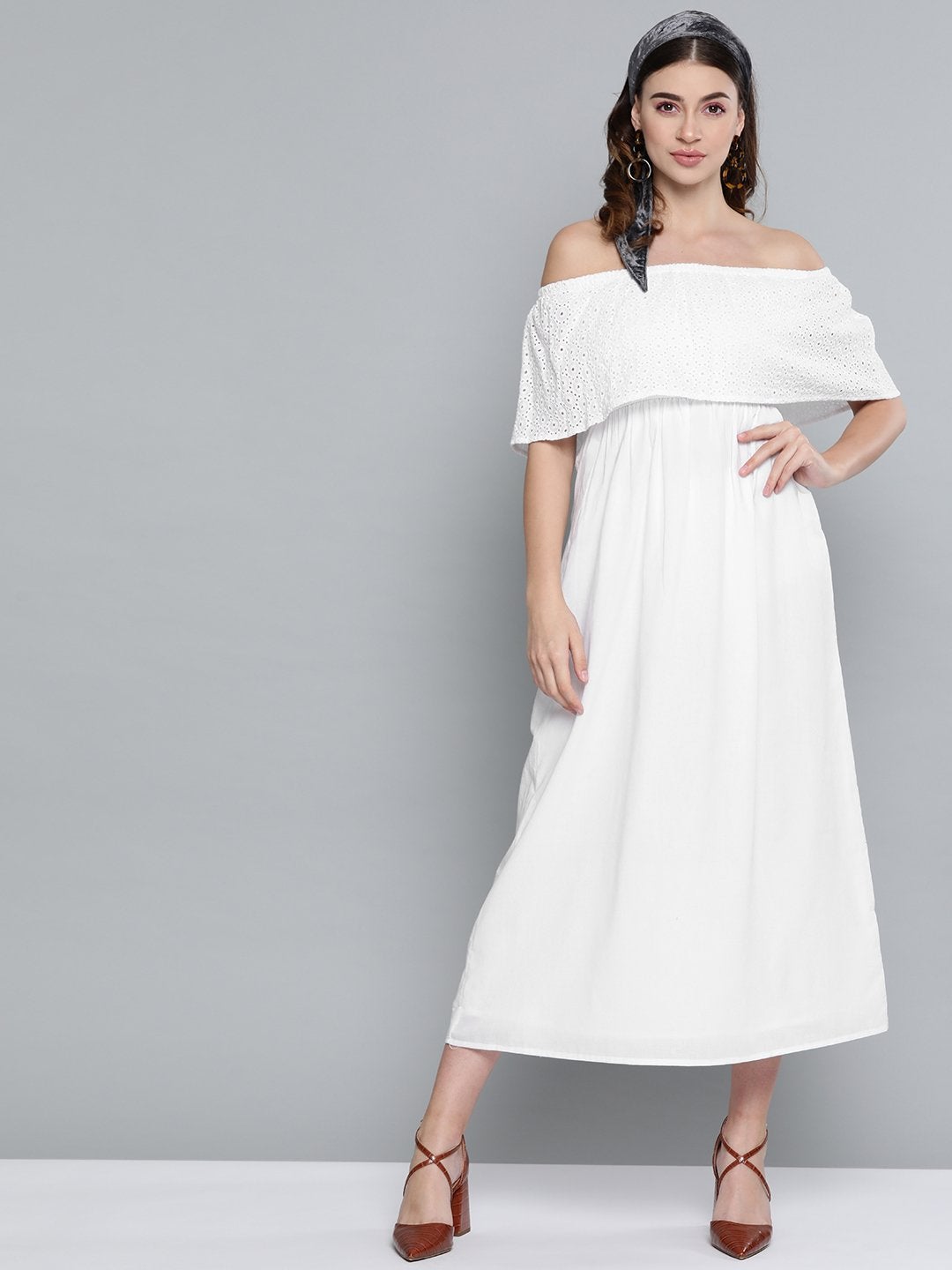 Women's White Schiffli Off Shoulder Maxi Dress - SASSAFRAS