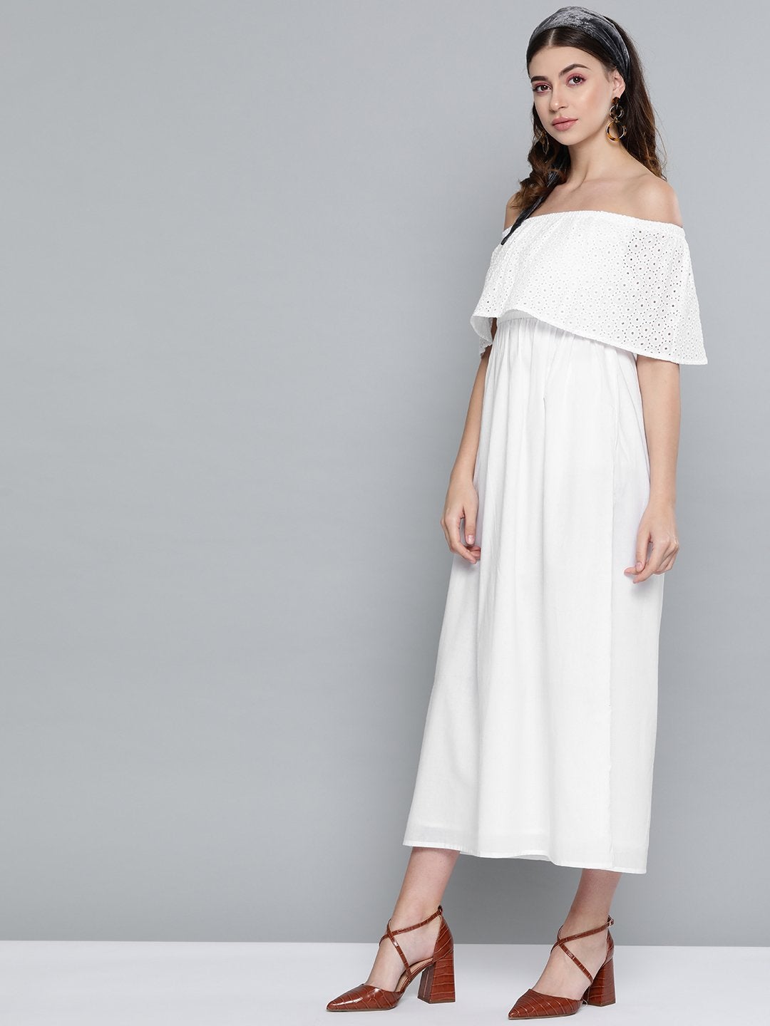 Women's White Schiffli Off Shoulder Maxi Dress - SASSAFRAS