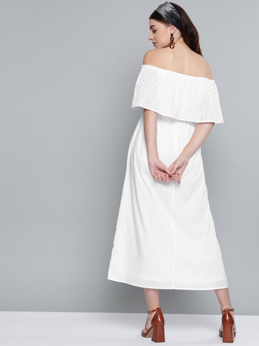 Women's White Schiffli Off Shoulder Maxi Dress - SASSAFRAS