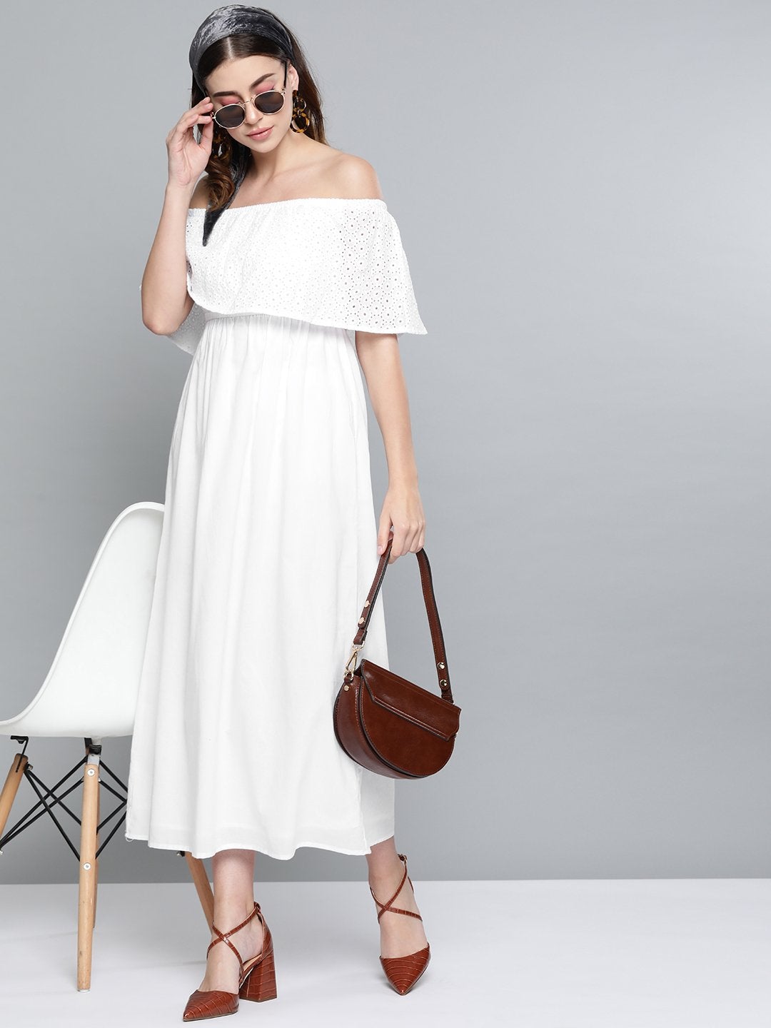 Women's White Schiffli Off Shoulder Maxi Dress - SASSAFRAS