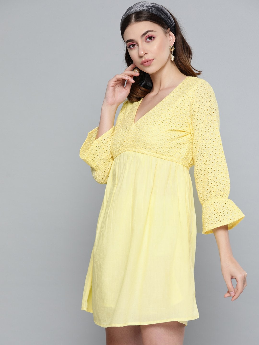 Women's Lemon Yellow Schiffli Shift Dress - SASSAFRAS