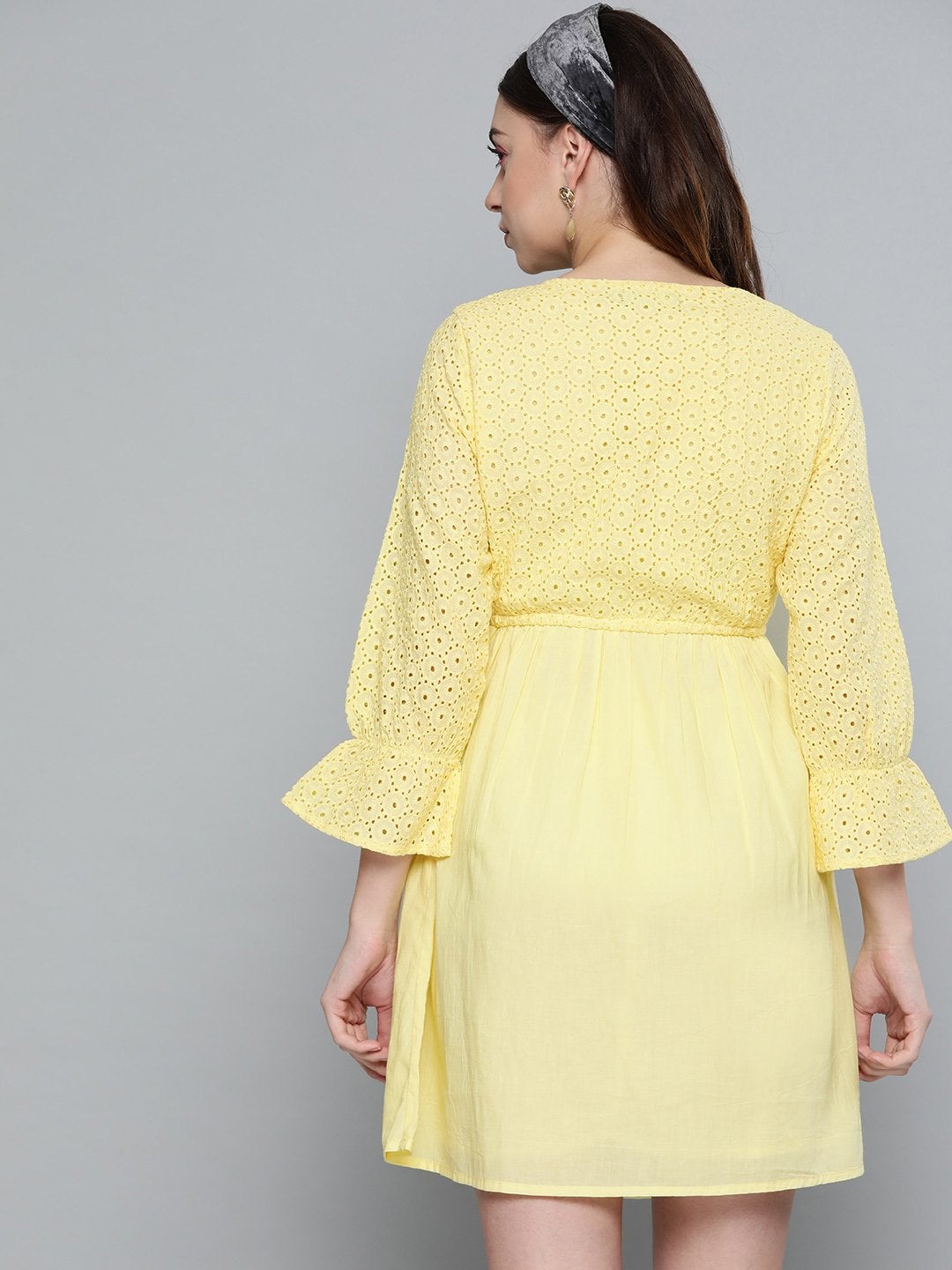 Women's Lemon Yellow Schiffli Shift Dress - SASSAFRAS
