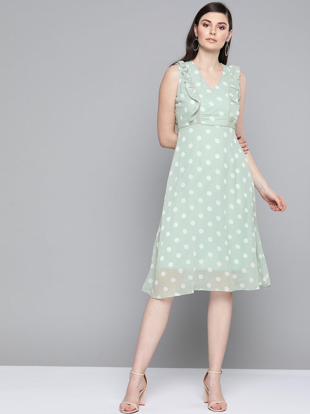 Women's Olive Polka Dot Midi Dress - SASSAFRAS