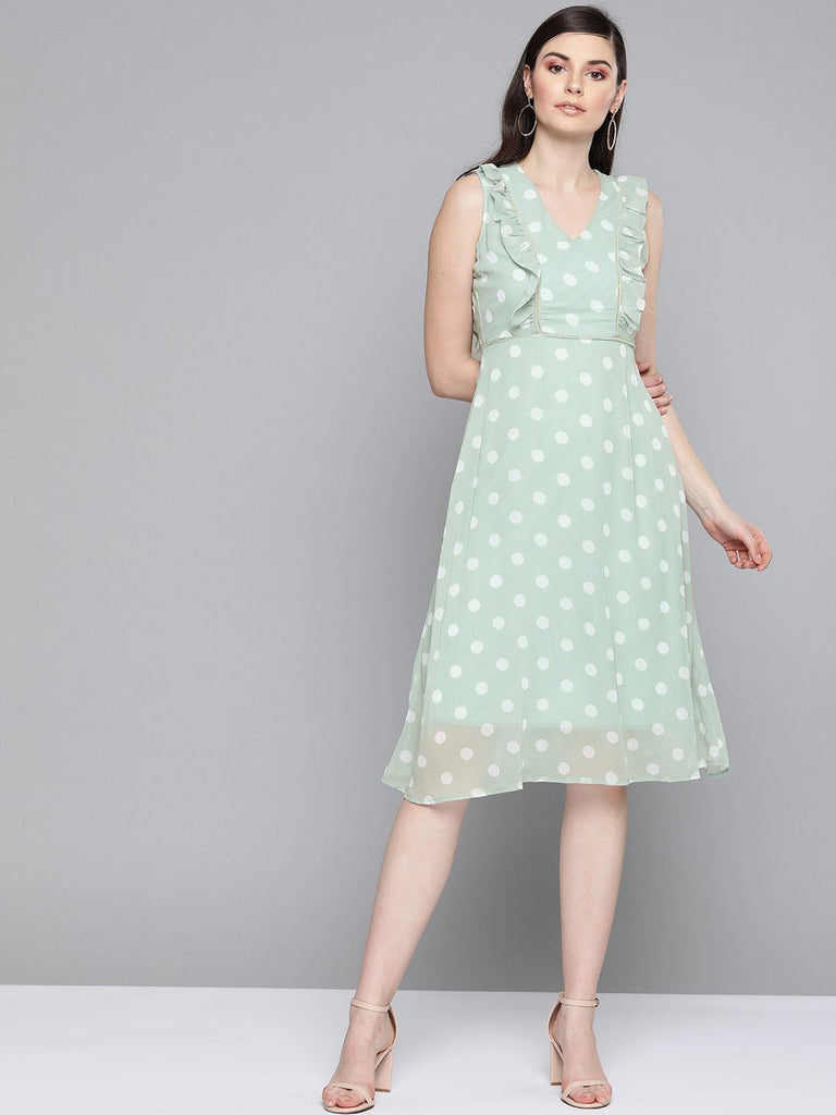 Women's Olive Polka Dot Midi Dress