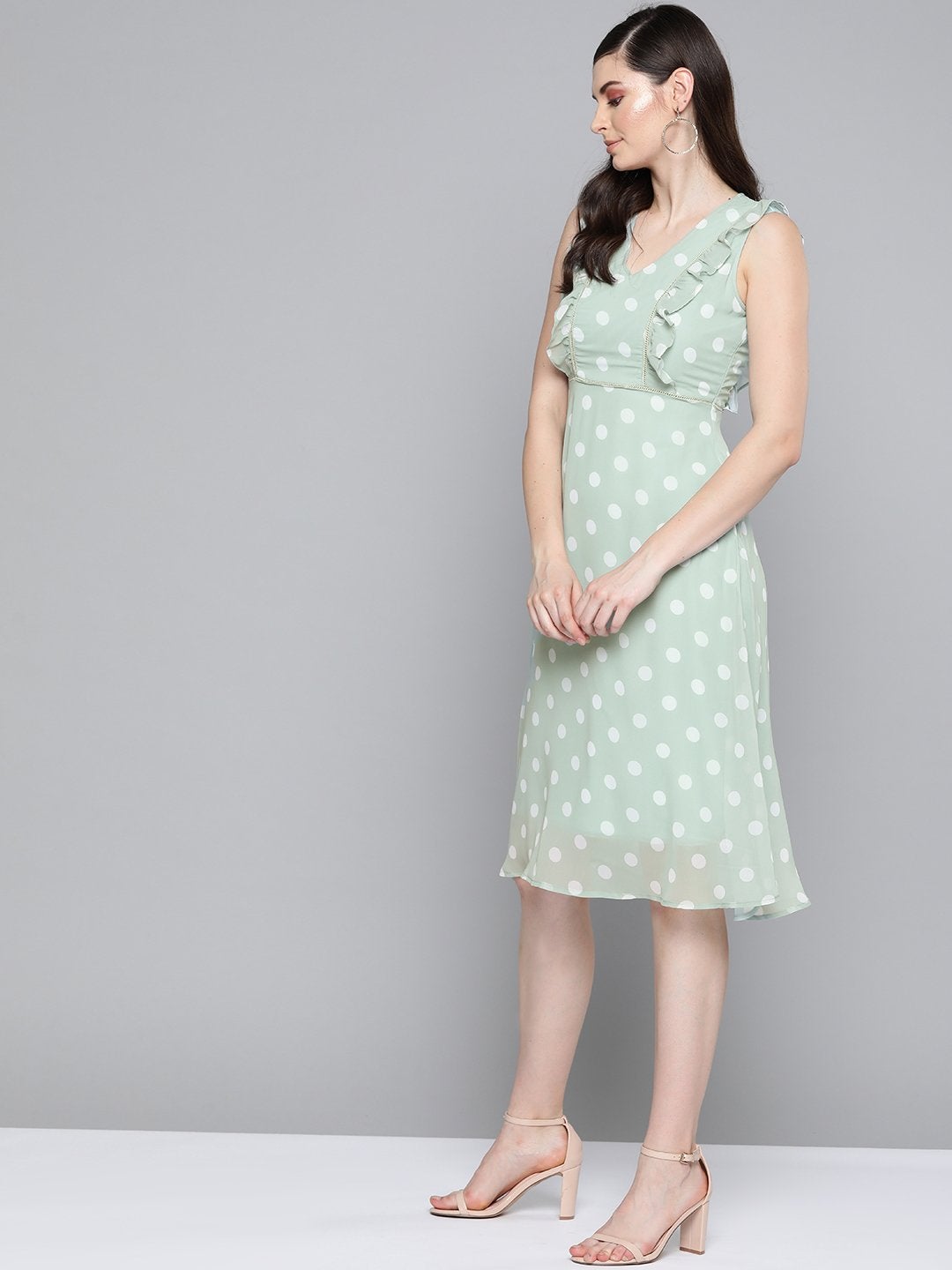 Women's Olive Polka Dot Midi Dress - SASSAFRAS
