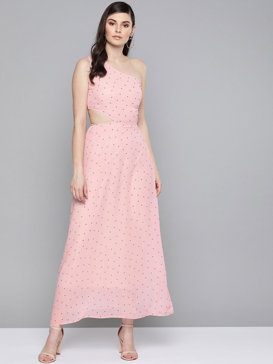 Women's Pink Polka Dot One Shoulder Maxi - SASSAFRAS