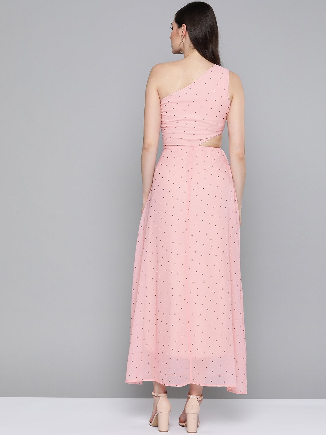 Women's Pink Polka Dot One Shoulder Maxi - SASSAFRAS