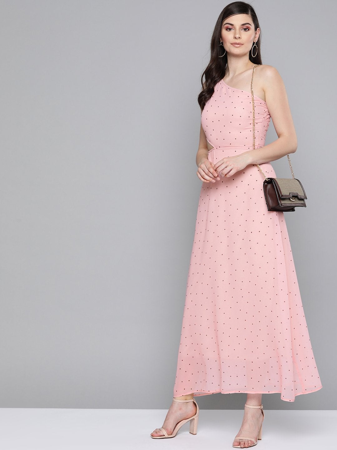 Women's Pink Polka Dot One Shoulder Maxi - SASSAFRAS