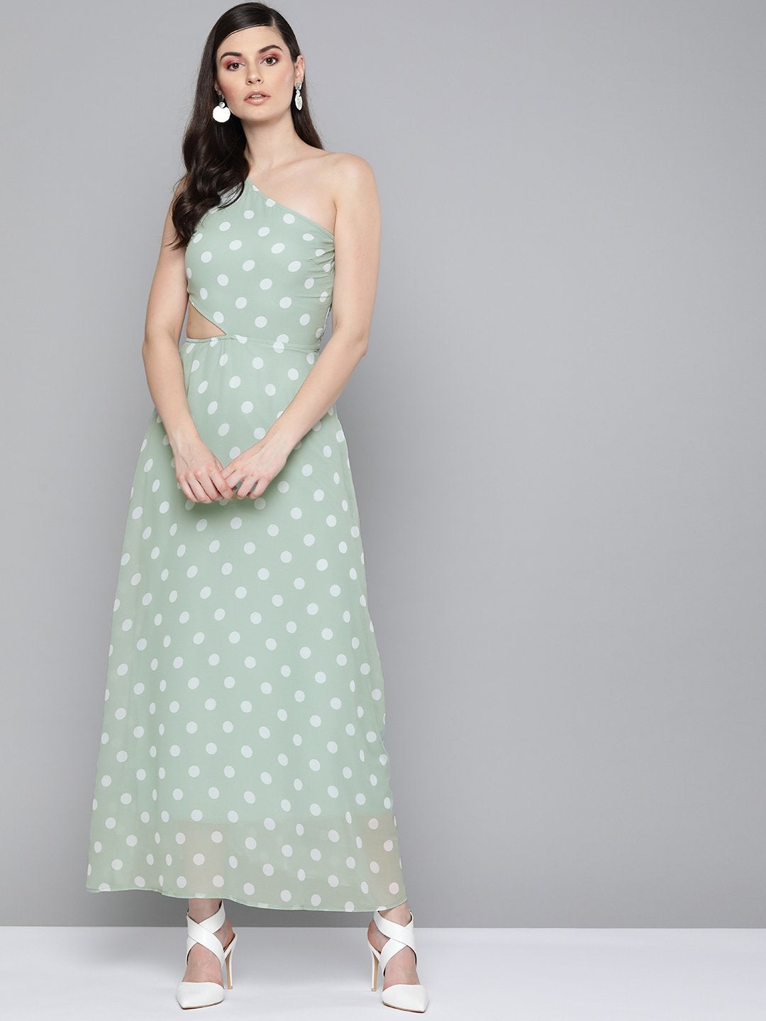 Women's Olive Polka Dot One Shoulder Maxi - SASSAFRAS