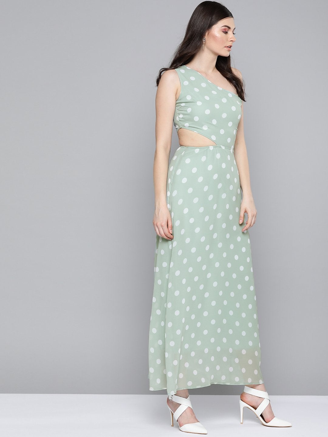 Women's Olive Polka Dot One Shoulder Maxi - SASSAFRAS