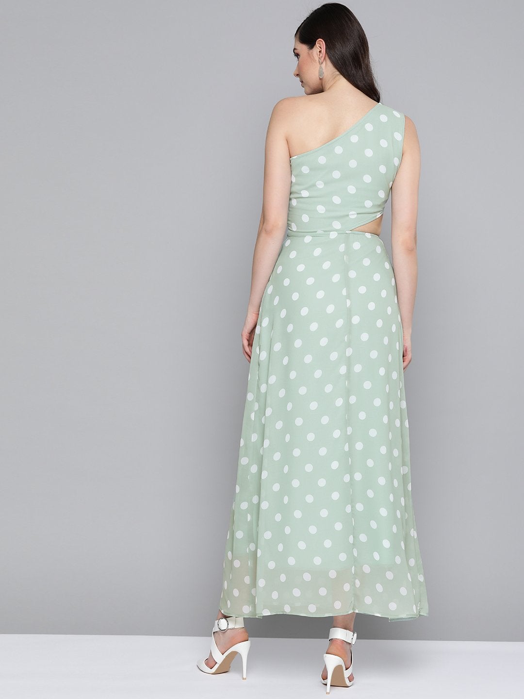 Women's Olive Polka Dot One Shoulder Maxi - SASSAFRAS