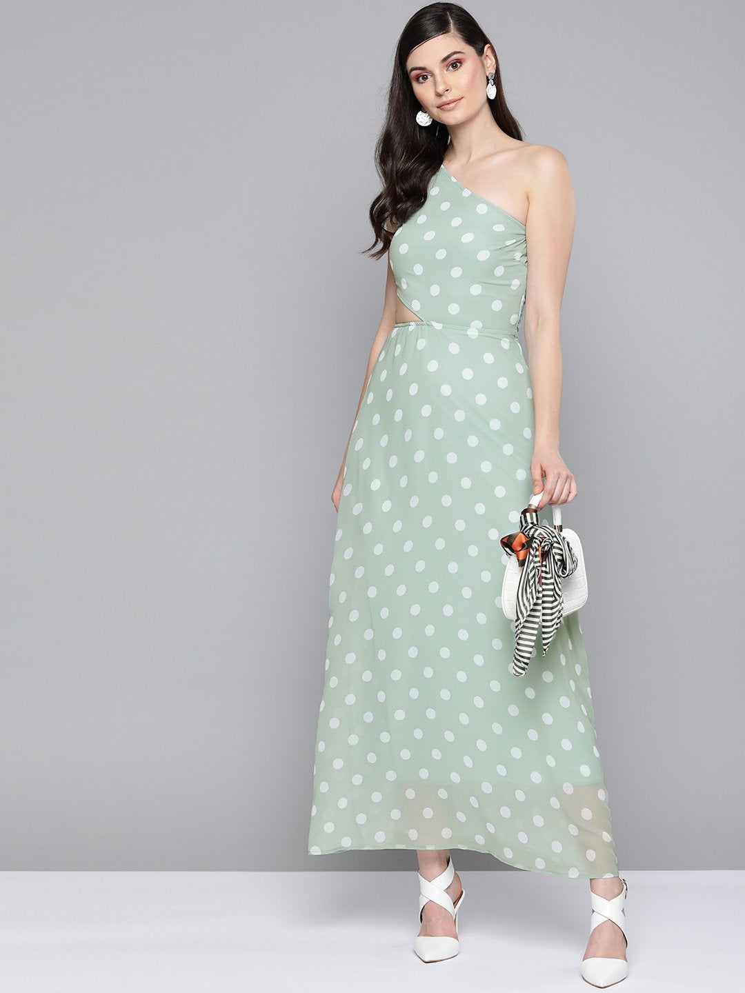 Women's Olive Polka Dot One Shoulder Maxi - SASSAFRAS