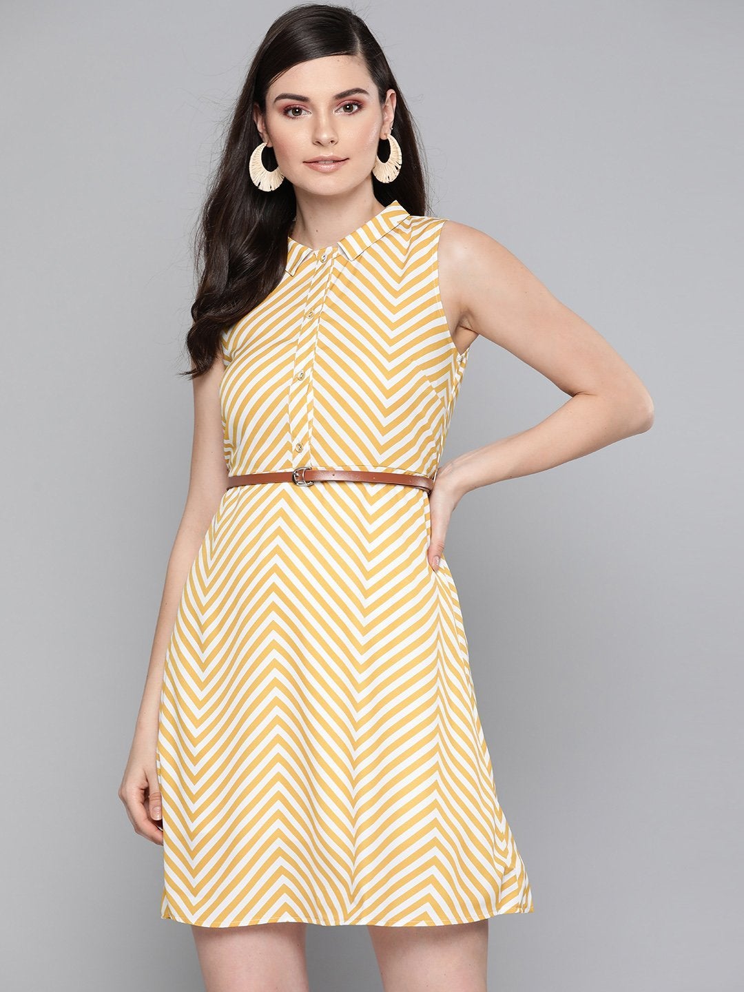 Women's Mustard Chevron A Line Belted Dress - SASSAFRAS