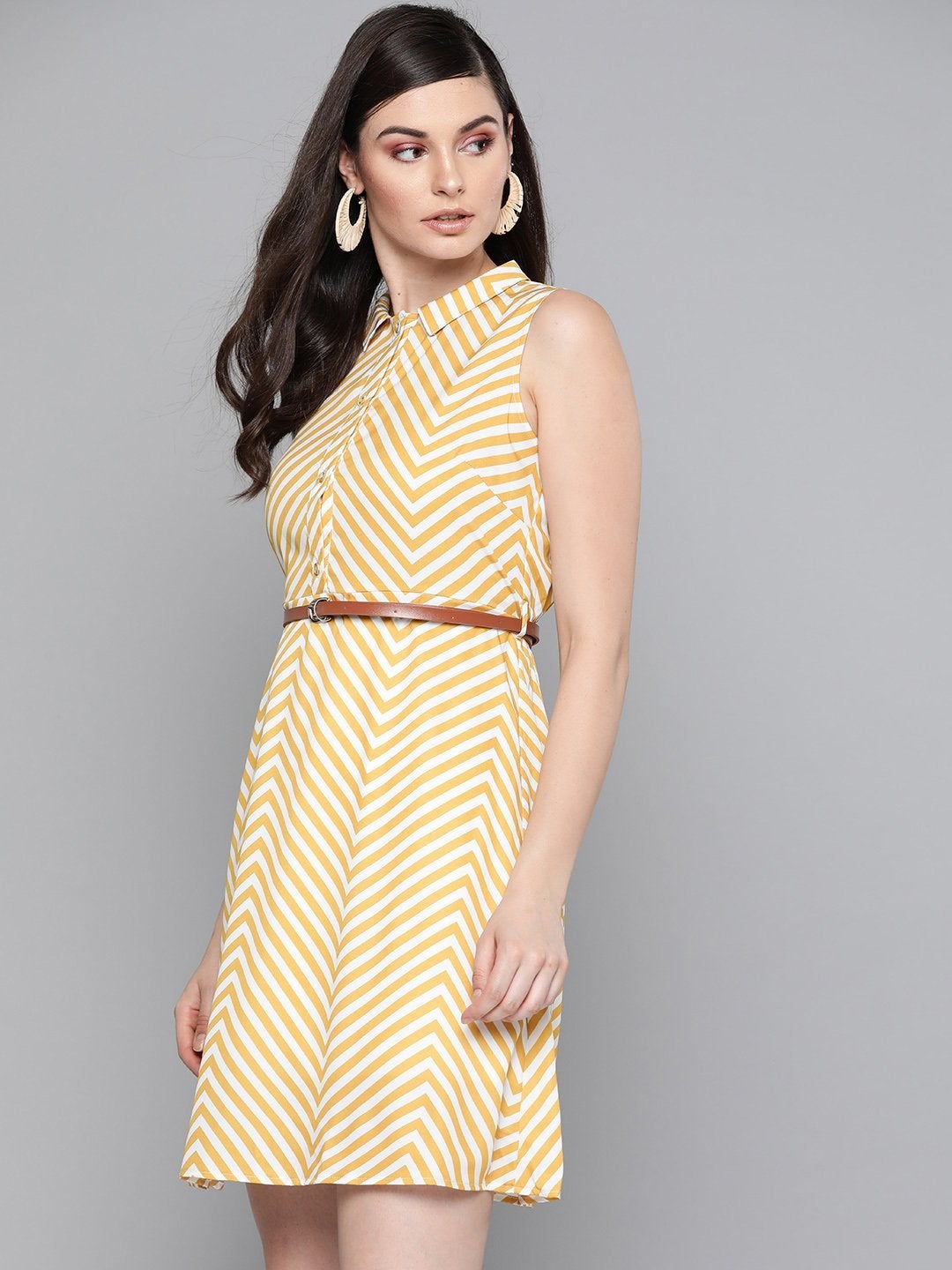 Women's Mustard Chevron A Line Belted Dress - SASSAFRAS