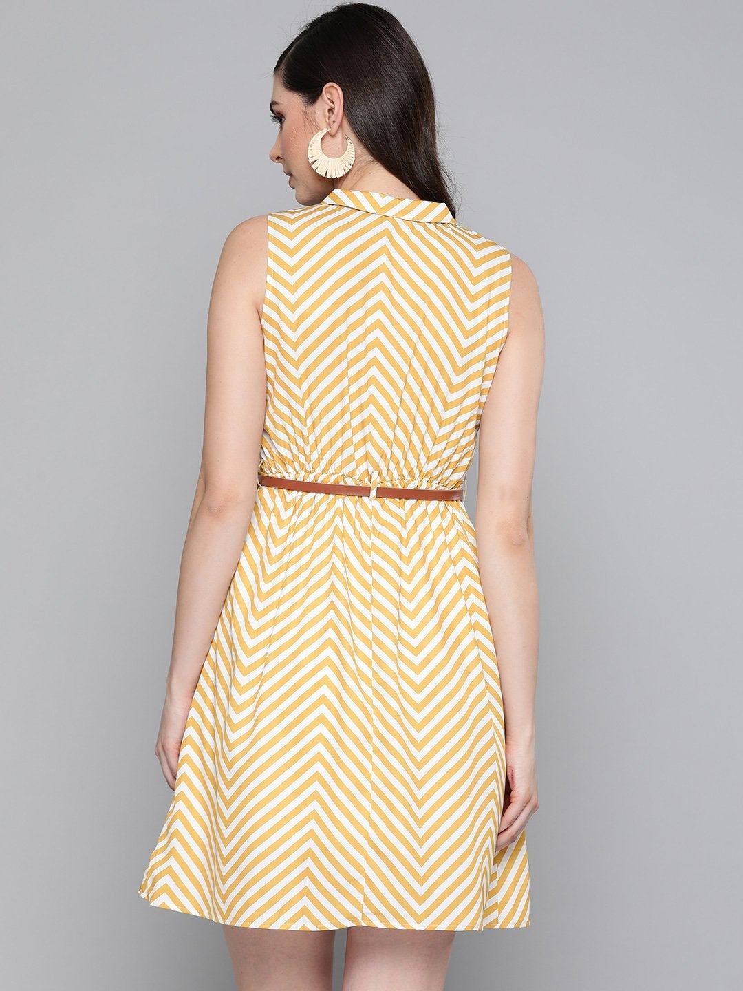 Women's Mustard Chevron A Line Belted Dress - SASSAFRAS