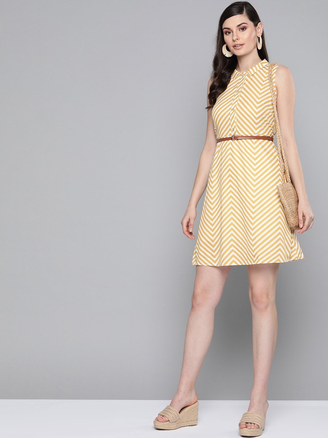 Women's Mustard Chevron A Line Belted Dress - SASSAFRAS