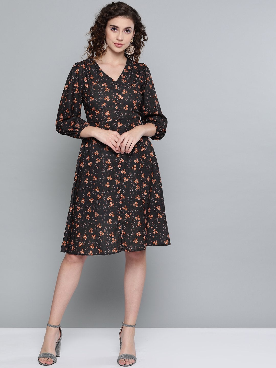 Women's Black Ditsy Floral Buttoned Midi Dress - SASSAFRAS