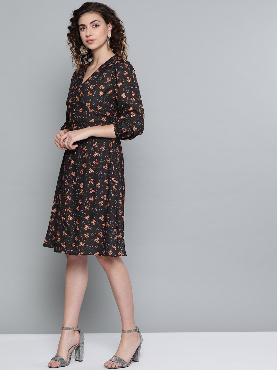 Women's Black Ditsy Floral Buttoned Midi Dress - SASSAFRAS