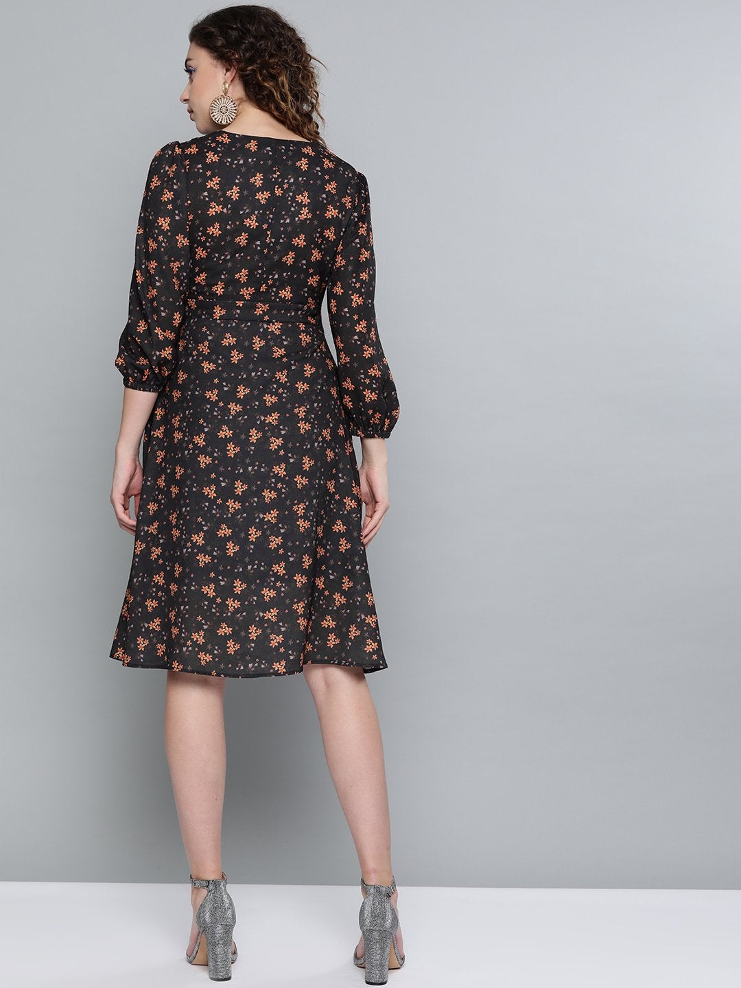 Women's Black Ditsy Floral Buttoned Midi Dress - SASSAFRAS