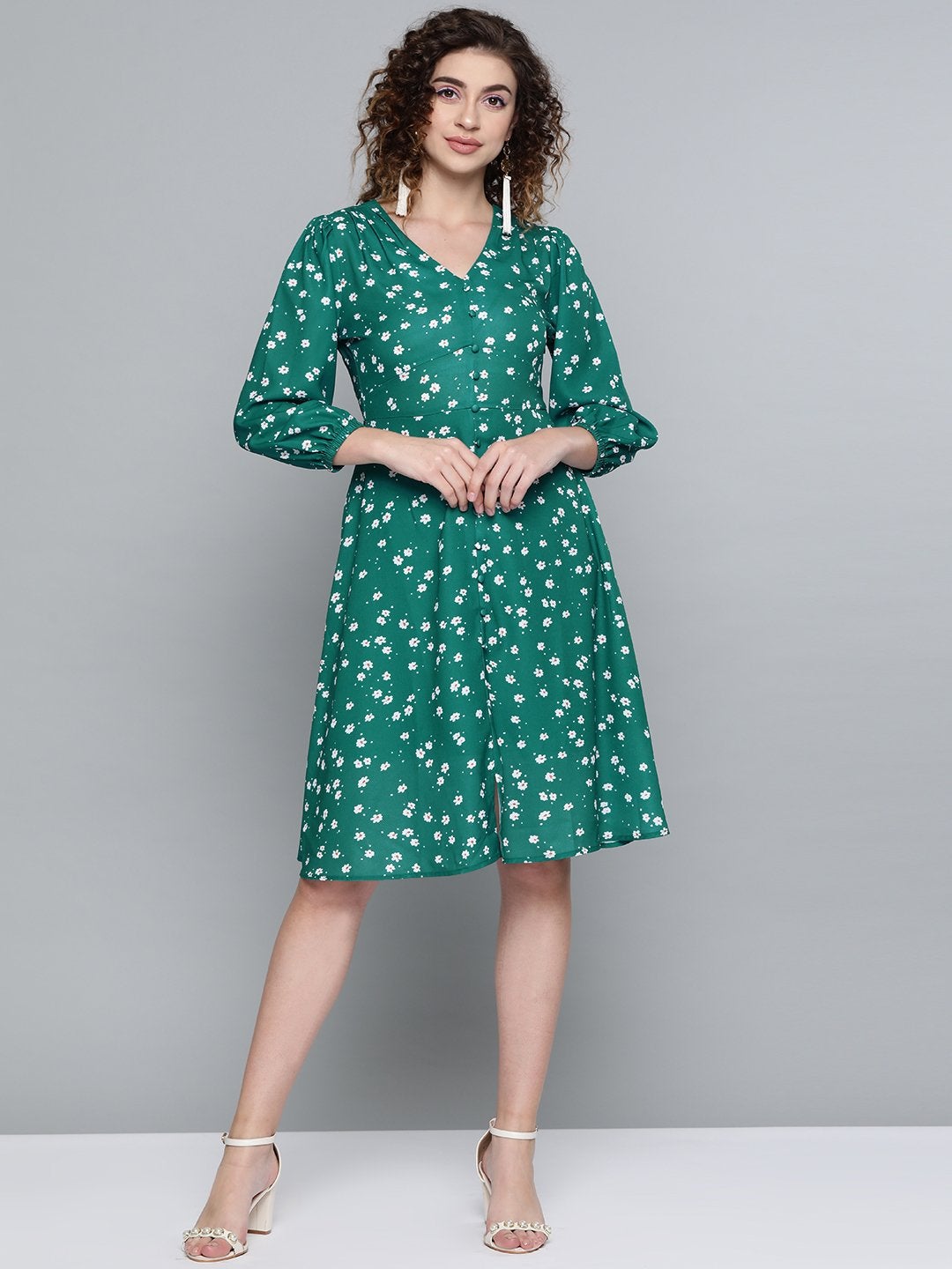 Women's Emerald Green Ditsy Floral Buttoned Midi Dress - SASSAFRAS