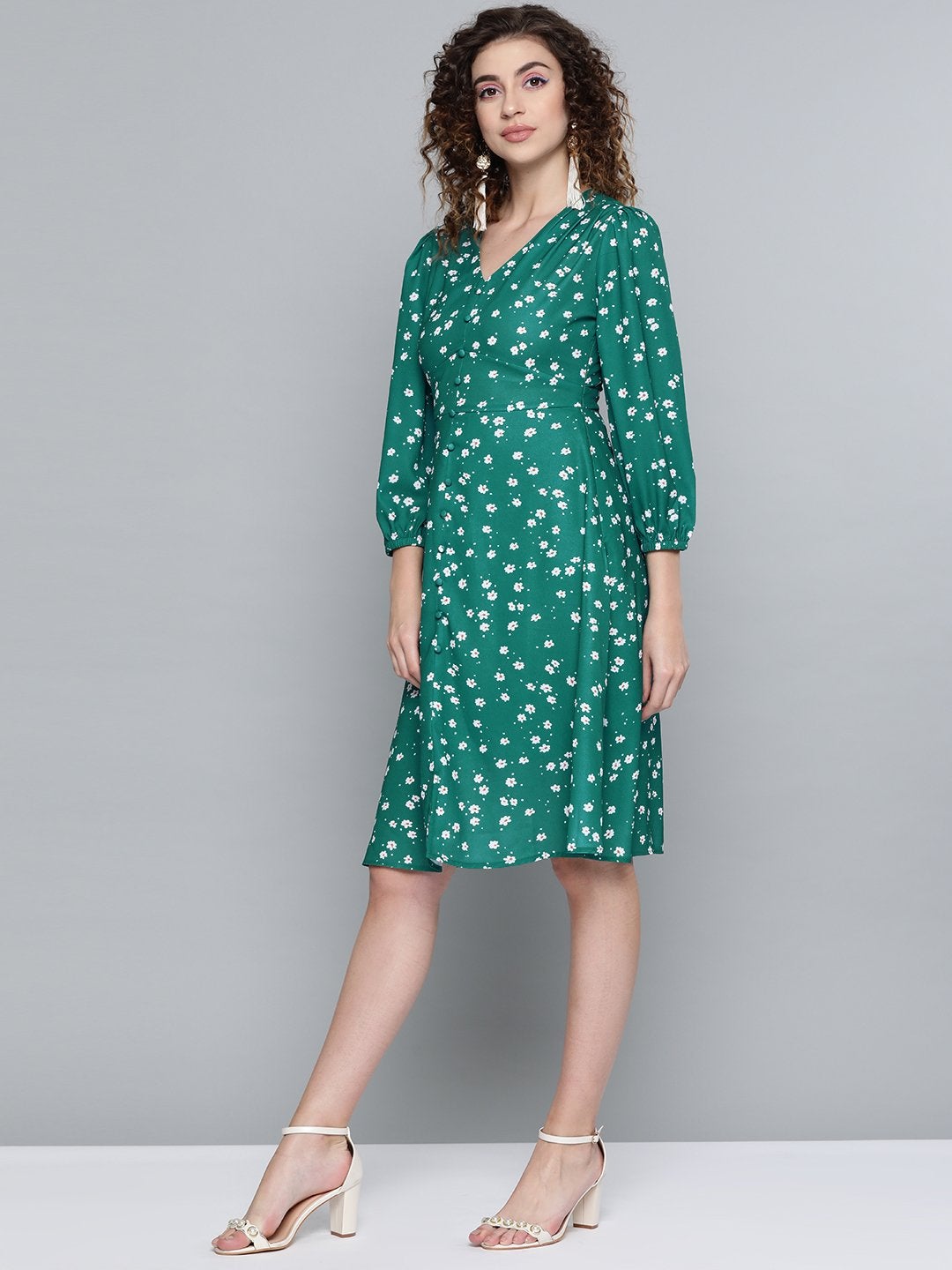 Women's Emerald Green Ditsy Floral Buttoned Midi Dress - SASSAFRAS