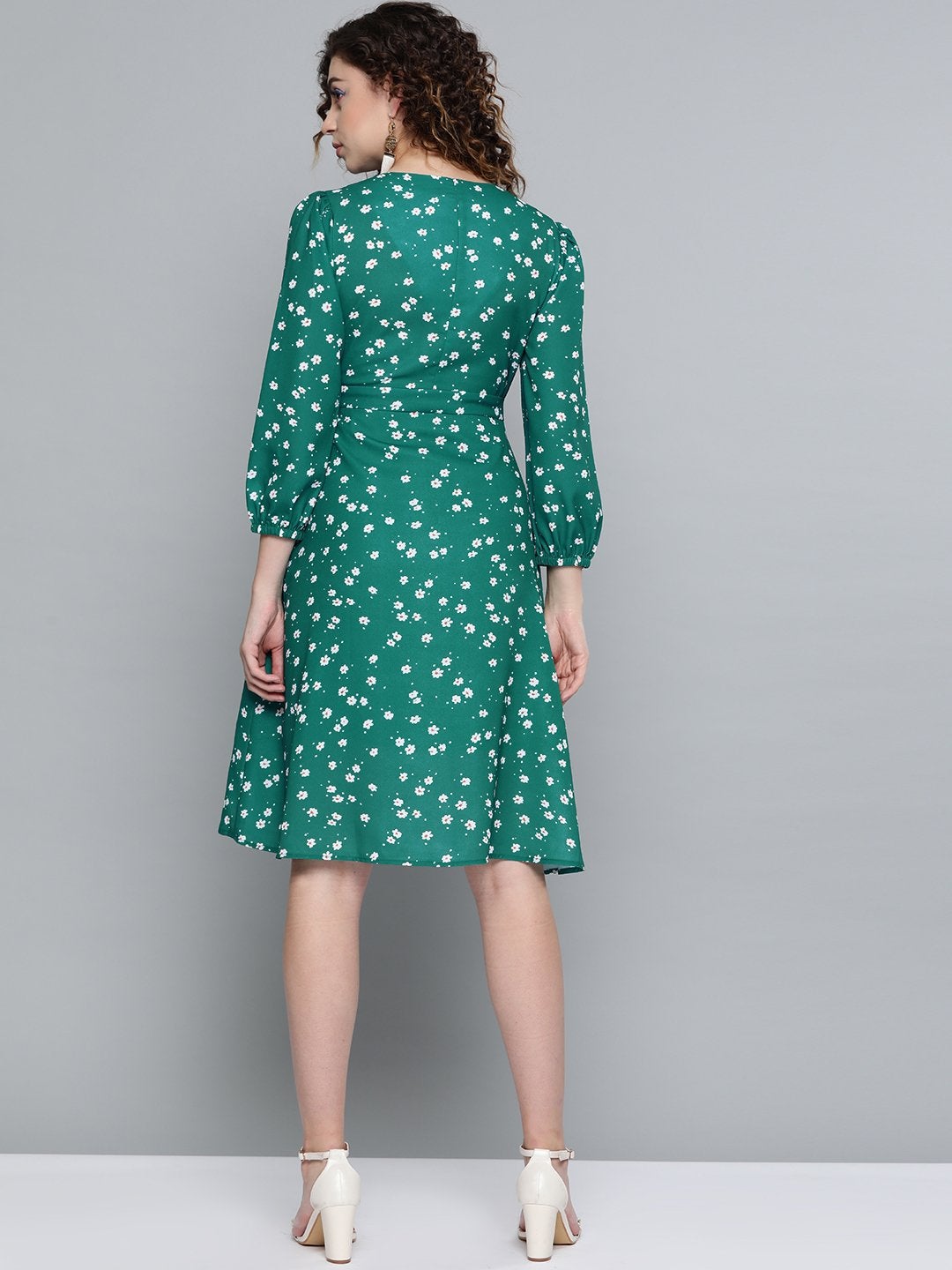 Women's Emerald Green Ditsy Floral Buttoned Midi Dress - SASSAFRAS