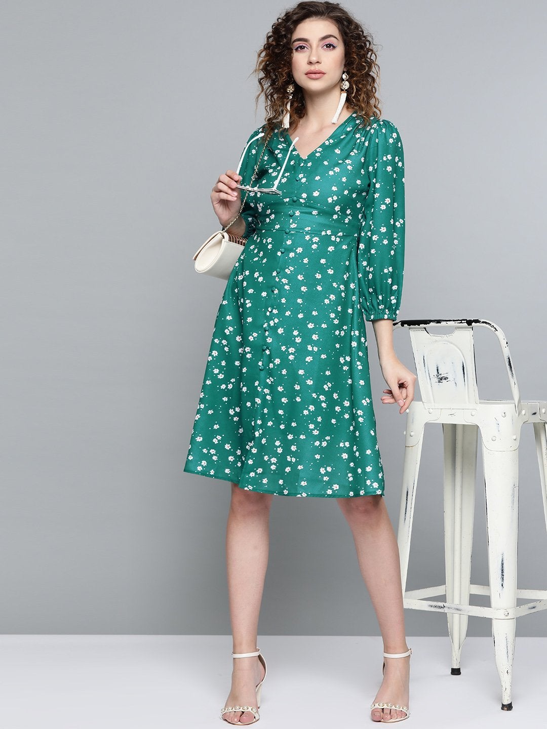 Women's Emerald Green Ditsy Floral Buttoned Midi Dress - SASSAFRAS