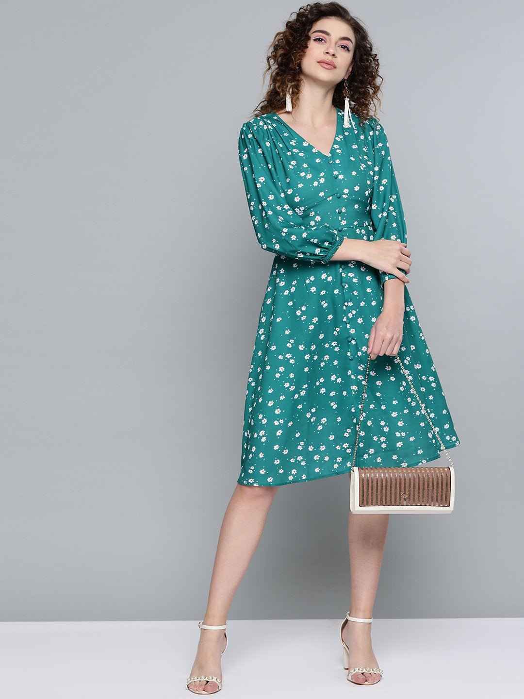 Women's Emerald Green Ditsy Floral Buttoned Midi Dress - SASSAFRAS